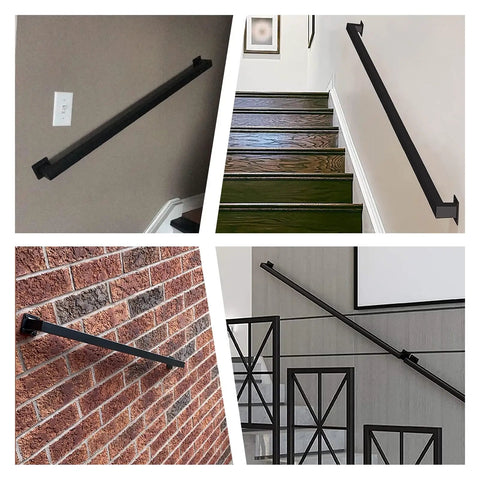Heavy Hitter Black Wrought Iron Wall Mount Railing Bracket Kit displayed in various indoor and outdoor settings.
