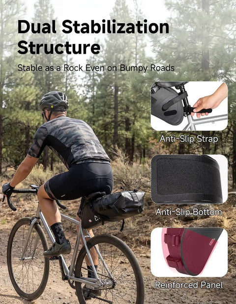 Cyclist using Expandable 13L-15L Waterproof Bikepacking Saddle Bag for Road, Mountain, and E-Bikes with Roll-Top Closure, anti-slip features.