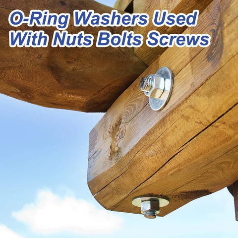 M12 Flat Washers Copper Drain Plug Gaskets Oil Crush Ring 25 Pack installed with nuts and bolts on wooden structure.
