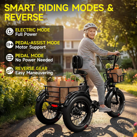 Beast Fat Tire Electric Tricycle For Adults With Three Wheel Ebike, 750W Hub Motor Peak 1350W, 52V 25Ah Removable Battery, 50 Mile Range, 7 Speed, 4 Piston Hydraulic Brakes, Cargo Rack, Black Build with rider and groceries