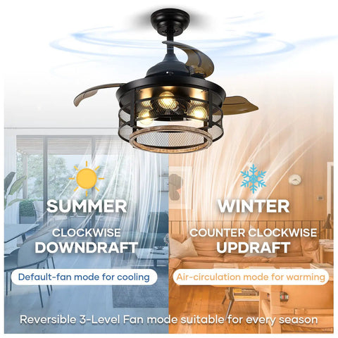 36 Inch Rustic Farmhouse Ceiling Fan With Light And Remote Black Metal Cage Fandelier With Retractable Blades in seasonal settings