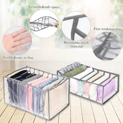18 Piece Wardrobe Organizer Set With Foldable Drawer Dividers In Two Sizes 7 Grid And 9 Grid, breathable mesh.