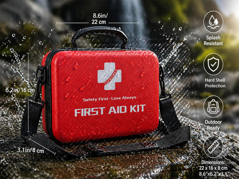 Hard Shell Waterproof First Aid Kit With 262 Pieces on wet rocks, showing dimensions and splash resistance.