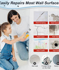 Mother and daughter using 2 Pack Drywall Repair Kit With Quick Dry Spackle For Patching Holes And Cracks, wall repair examples shown.