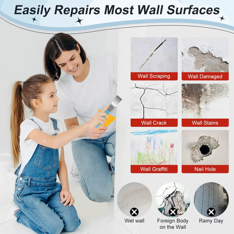 Mother and daughter using 2 Pack Drywall Repair Kit With Quick Dry Spackle For Patching Holes And Cracks, wall repair examples shown.