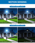 IP66 Waterproof Solar Street Lights With Motion Sensor And Remote, night view showing varying brightness levels based on motion detection, installed on a house front.