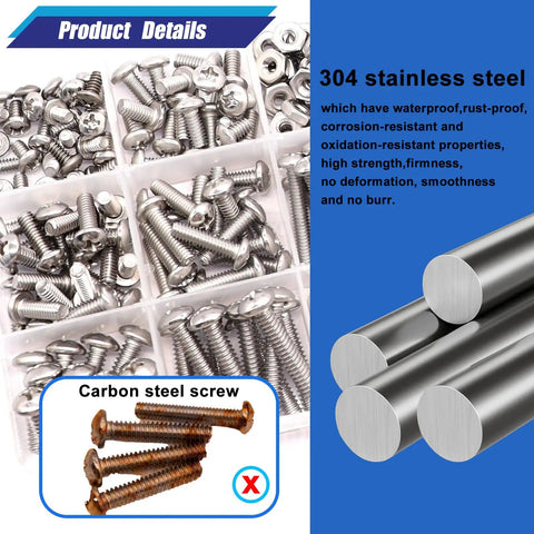 304 Stainless Steel Machine Screws Bolts Nuts And Washers Assortment Kit with 8 sizes and 237 pieces DIY ready in storage box