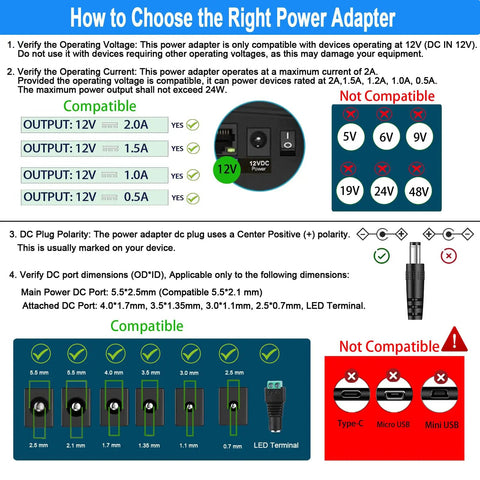 Universal 12V DC Power Supply Adapter With On Off Switch 2A Output 24W 5.9 Feet Cable 5.5 X 2.5 Mm Center Positive Plug AC 100-240V In Compatible With LED Light Strips DVD Players Routers CCTV Cameras Hard Drives And Other Gear. Compatibility guide graphic