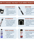 Guide on choosing Flex-Mend products with images of repair tape rolls, wide form tape, DIY repair kit, access panel, spray cleaner, and adhesive.