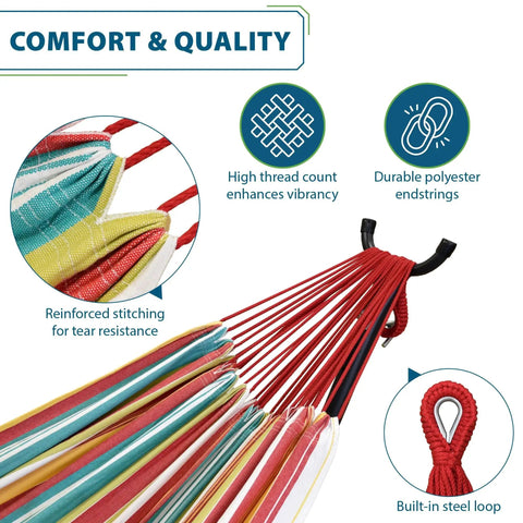 Detail of Double Cotton Hammock With Space Saving Steel Stand And Upgraded Polyester End Strings 450 lb capacity, reinforced stitching