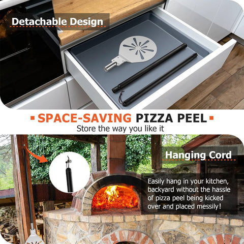 Front view of 9-inch perforated pizza peel with detachable long handle; paddle for rotating pies