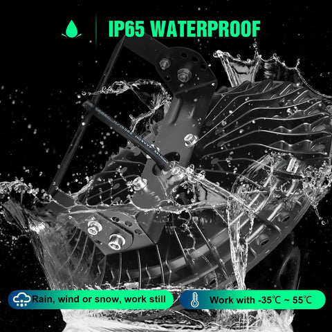 Black 300W UFO LED High Bay Light in water, showing IP65 waterproof feature for warehouse and workshop lighting