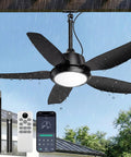 42 Inch Outdoor Ceiling Fan With Lights, IP65 Weatherproof, shown in rain with app and remote control, black hanging gazebo fan.