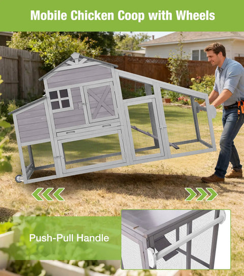 Man moving Mobile Chicken Coop With Run For Secure Poultry Housing On Wheels Nesting Box And Slide Out Tray Waterproof Roof