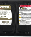 Front view of Gold Series 94R AGM Battery with 36 Month Warranty, showing labels and warnings.