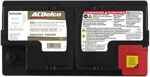 Front view of Gold Series 94R AGM Battery with 36 Month Warranty, showing labels and warnings.