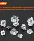 Premium Heavy Duty Zinc Plated Carbon Steel T Nuts Assortment Kit 120 Piece Set M3 M4 M5 M6 M8 showing various sizes of four claw nuts.