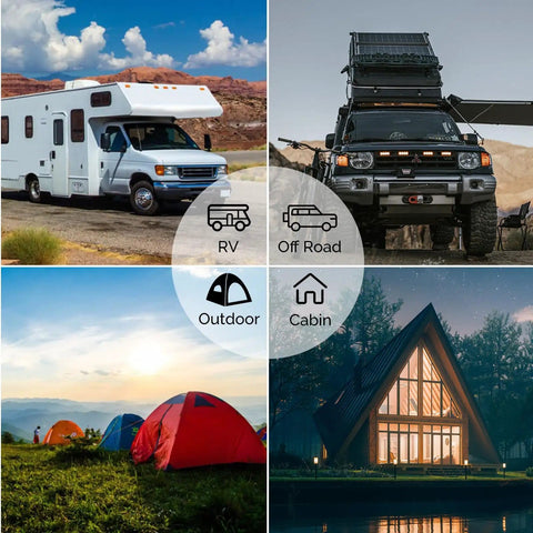 Collage of RV, off-road vehicle, tents, and cabin, showcasing versatility of Portable 200W RV Solar Panel Kit With Waterproof 20A Charge Controller And Sturdy Kickstand IP65 Weatherproof Plug And Play For Outdoor Camping Power Station Off Grid RV Living And Emergency Backup.