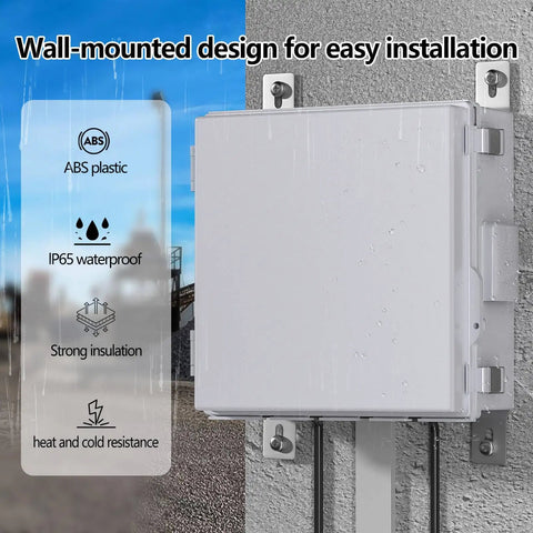 Ventilated Outdoor Electrical Junction Box Built To Last With Cable Grommets And Mounting Plate, Hinged Cover For Easy Access, Indoor And Outdoor Use, IP65 Waterproof, Grey Cover, 13 By 13 By 5.1 Inches mounted on wall