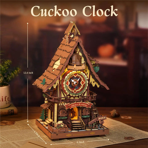 3D Wooden Puzzle Cuckoo Clock Model Kit With Real Function For Adults And Teens featuring charming treehouse design, 13.4 inches tall.