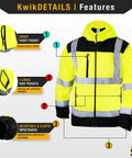 Hi Viz Reflective Safety Jacket For Work ANSI OSHA Class 3 Water Resistant Gear Limited Edition Pattern Yellow Large with chest and side pockets