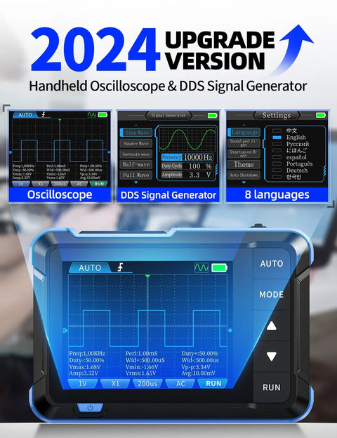 2024 handheld oscilloscope and DDS signal generator display showing Auto settings for DIY mechanics