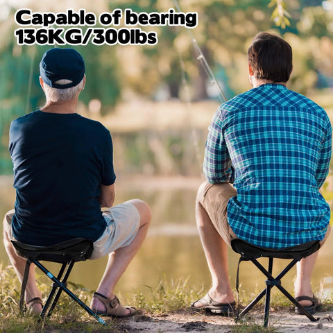 Two people fishing while sitting on Portable Tripod Folding Camping Stools, 14.6 inch seat, black, supports up to 210 lbs
