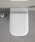 Top view of white toilet seat and cover with stainless steel hinges and soft close no fuss, removable for easy cleaning, durable upgrade.