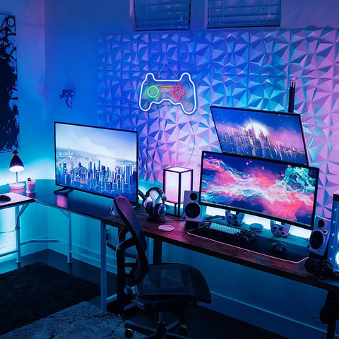 Led Dimmable Neon Sign In Dope Gamepad Controller Shape For Living Room Bedroom And Game Room Decor Bright Usb Powered Wall Light Perfect For Teens Boys Girls Kids Gamer Gifts, mounted above gaming desk setup