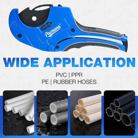 Side view of blue Pacmann PVC pipe cutter (2-1/2 in) ratchet tool for PVC, PEX, PPR pipes with deburring tool