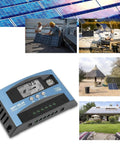 MPPT Solar Charge Controller 100A for 12V/24V Systems with LCD Display, showing usage in various off-grid setups.