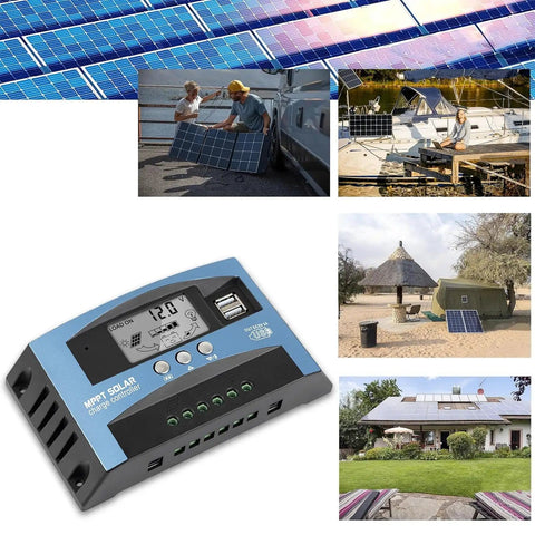 MPPT Solar Charge Controller 100A for 12V/24V Systems with LCD Display, showing usage in various off-grid setups.