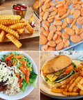 AITRAI crinkle cutter and peeler set; collage of crinkle-cut fries, wavy chips, salad, and burger with fries.