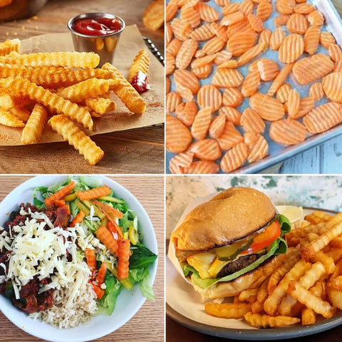 AITRAI crinkle cutter and peeler set; collage of crinkle-cut fries, wavy chips, salad, and burger with fries.