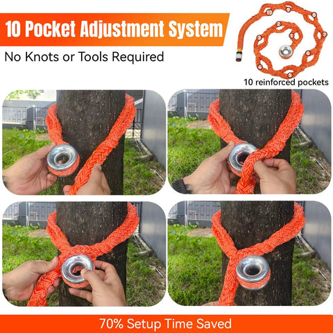 Kickass Adjustable Arborist Rigging Sling With Smooth Aluminum Block Ring Five Eighth Inch By 6 Point 7 Feet 10 Pocket Quick Setup Tree Lowering Gear Rated 13600 Lbs Break Strength For Hard Working Crews showing 10 pocket adjustment system around tree.