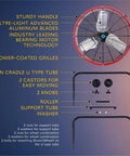 Parts of Beefy 24 Inch High Velocity Drum Fan With 8800 CFM, showing aluminum blades, handle, castors, grilles, and U type tube.