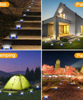 Four scenes featuring 12 Pack Outdoor Solar Lights Waterproof Landscape Pathway Garden Lights illuminating steps, patio, camping, and path.