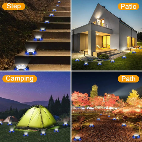 Four scenes featuring 12 Pack Outdoor Solar Lights Waterproof Landscape Pathway Garden Lights illuminating steps, patio, camping, and path.