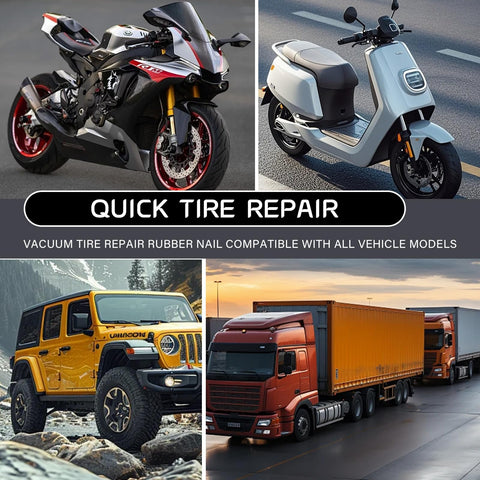 Collage of motorcycle, scooter, jeep, and truck with text 'Quick Tire Repair' showcasing 60 Piece Tire Repair Kit With 4 Sizes Rubber Nails And Plugs For Easy DIY Tire Fix On Cars Bikes And Trucks Vacuum Nail Set Includes Screwdriver Bits And Valve Tool For Quick Self Service Repairs