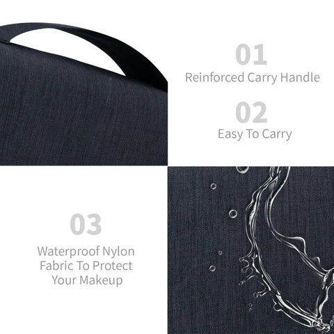 Close-up of Big Capacity Hanging Hook Travel Toiletry Bag Waterproof Cosmetic Organizer handle and fabric texture with water resistance.