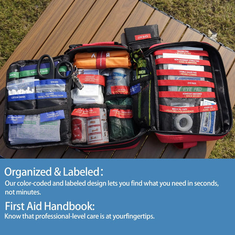 Front view of an open Amazon BISS first aid kit in red/black, 324-piece with labeled compartments.