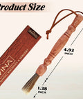 Wooden Lint Brush For Sewing Machines And Sergers With Built In Hanging Strap Cleans Fabric Fibers From Small Corners Handy Pro Grade Sewing Machine Cleaning Brush For Detail Work, shown with dimensions 4.92 inches in length and 1.38 inches in width, made of wood and nylon bristles, includes hanging strap.