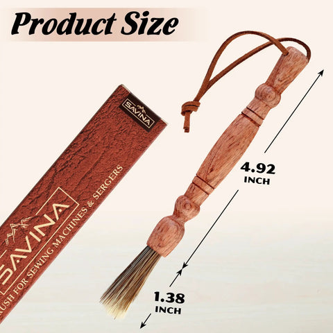 Wooden Lint Brush For Sewing Machines And Sergers With Built In Hanging Strap Cleans Fabric Fibers From Small Corners Handy Pro Grade Sewing Machine Cleaning Brush For Detail Work, shown with dimensions 4.92 inches in length and 1.38 inches in width, made of wood and nylon bristles, includes hanging strap.