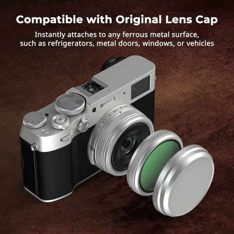 UV Filter for Fujifilm X100V and X100VI Cameras, 99 Percent Light Transmittance, detachable lens cap shown on camera
