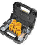 Open case showing Door Lock Hole Saw Kit Pro Grade Heavy Duty for DIY and Pros with C Clamp Design and accessories