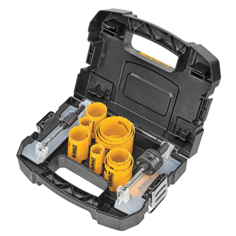 Open case showing Door Lock Hole Saw Kit Pro Grade Heavy Duty for DIY and Pros with C Clamp Design and accessories