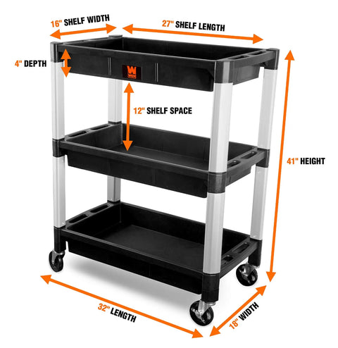 Triple Deck Utility Cart With Three Wide Trays And Dual Handles Does No Sweat Rolling Through Garages Holding Three Hundred Pounds On Steel Frames Features Swivel Casters With Foot Brakes For Secure Tool Transport And Easy Stashing