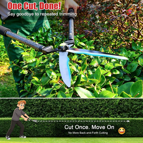 Self Sharpening High Carbon Steel Hedge Trimmers With 2x Leverage Long Handles For Effortless Pruning, Teflon Coated Anti Slip Wavy Blades, Lightweight Garden Shears For Yard Shaping Hedges And Shrubs, Clean One Pass Cuts in use on hedges.