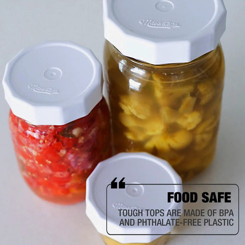 Tough Tops Regular Mouth Mason Jar Lids White BPA Free Plastic Screw Caps For Leakproof Airtight Storage on jars with food