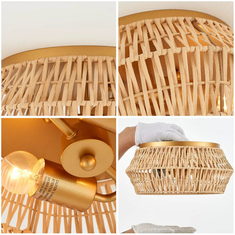 Close-up details of Natural Rattan Flush Mount Ceiling Light Fixture In Antique Brass Brush Finish With Two Lights Farmhouse Chandelier.